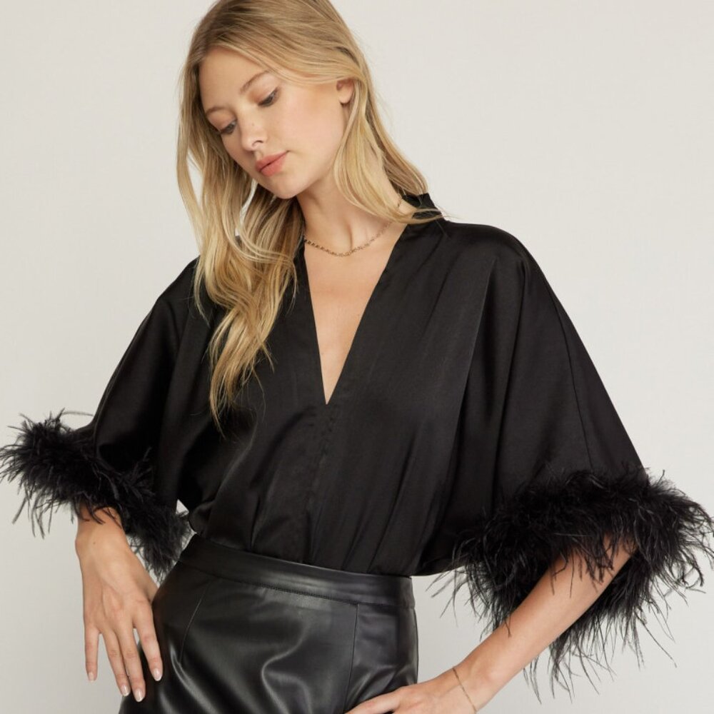 Entro NEW Black Feather Trim Satin Bodysuit Size S M L Glam Chic Party Top